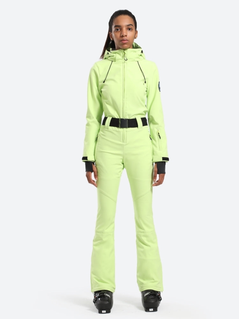 High-Visibility Lime Hooded Ski Jumpsuit with Belt